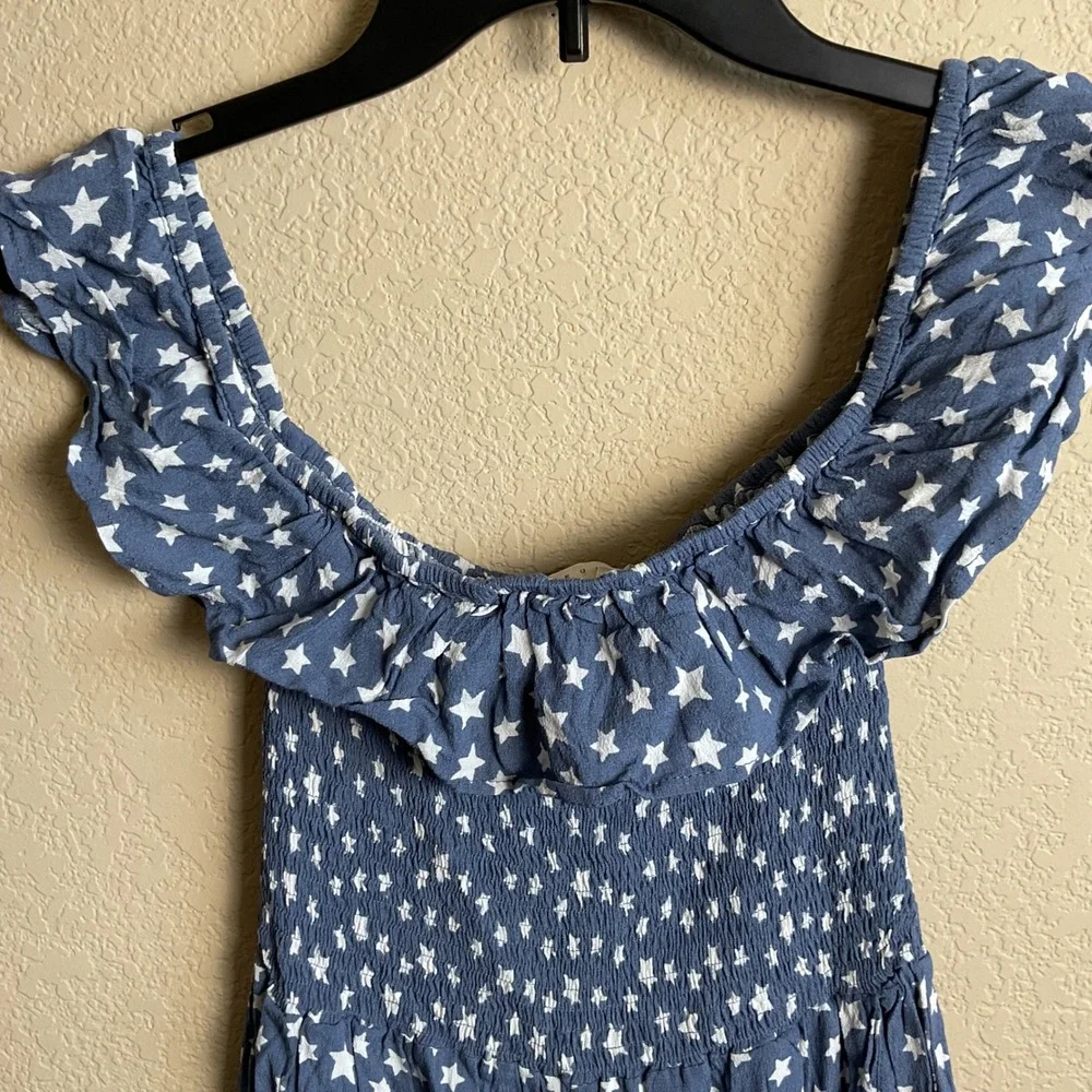 Promesa Womens‎ Small Blue Star Smocked Off Shoulder Romper 4th Of July Pockets